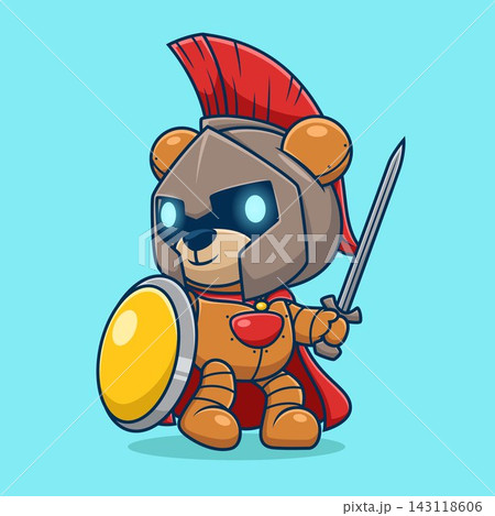 Cute bear robot in spartan warrior costume with sword and shield. Cartoon vector icon illustration Cute bear robot in spartan warrior costume with sword and shield. Cartoon vector icon illustration 143118606