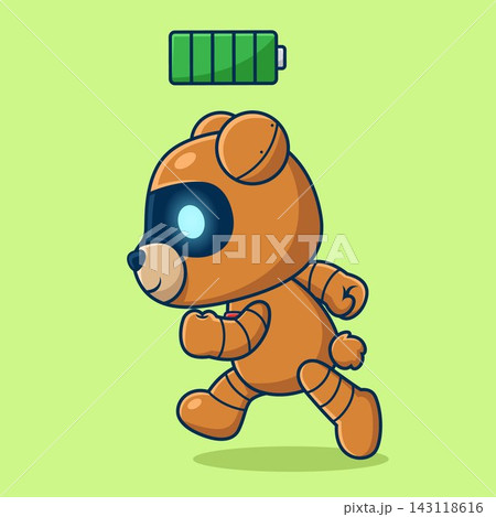 Cute bear robot running with full battery power. Cartoon vector icon illustration Cute bear robot running with full battery power. Cartoon vector icon illustration 143118616