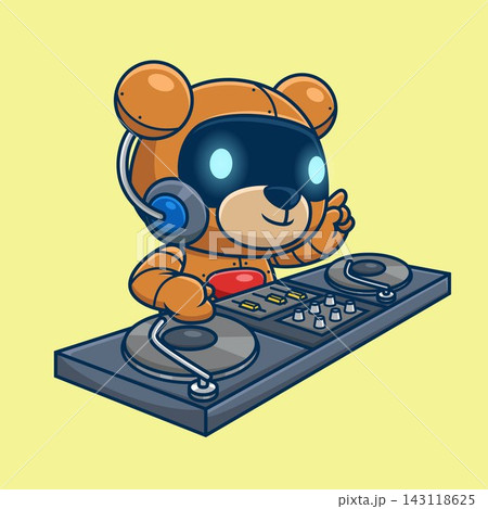 Cute bear robot playing DJ electronic music with headphone. Cartoon vector icon illustration 143118625