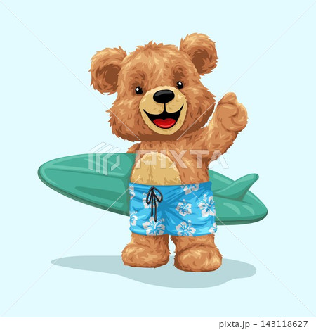 Cute teddy bear cartoon character with surfboard. Vector illustration 143118627