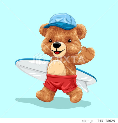 Cute teddy bear cartoon character with surfboard. Vector illustration 143118629