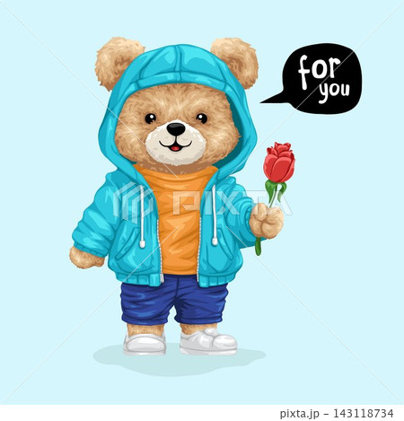 Vector illustration of cute teddy bear in hoodie holding rose. Original hand drawn concept Vector illustration of cute teddy bear in hoodie holding rose. Original hand drawn concept 143118734