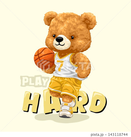 Vector illustration of cute teddy bear playing basketball. Original hand drawn concept 143118744