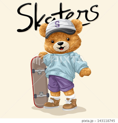 Vector illustration of cute teddy bear with skateboard. Original hand drawing 143118745