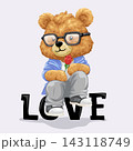 Vector illustration of cute teddy bear sitting on love text with rose. Original hand drawing 143118749
