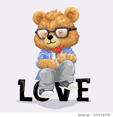 Vector illustration of cute teddy bear sitting on love text with rose. Original hand drawing 143118749