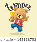 Vector illustration of cute teddy bear with trophy, winning competition. Original hand drawn concept 143118752
