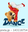Vector illustration of cute teddy bear doing breakdance. Original hand drawn concept 143118754