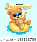 Vector illustration of teddy bear with cocktail on swim ring at summer vacation. Original hand drawn 143118756