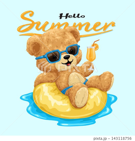 Vector illustration of teddy bear with cocktail on swim ring at summer vacation. Original hand drawn 143118756
