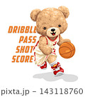 Vector illustration of cute teddy bear playing basketball. Original hand drawn concept 143118760