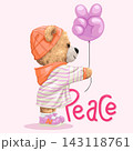 Vector illustration of cute teddy bear girl with peace sign hand balloon. Original hand drawn 143118761