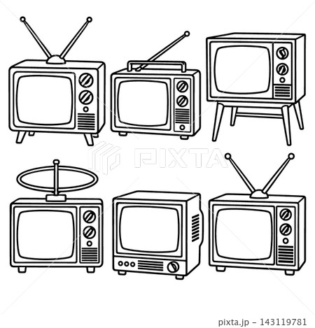 Retro coloring book line art collections showing vintage television set s evoking nostalgic cheerful feel with classic design details and antennas 143119781
