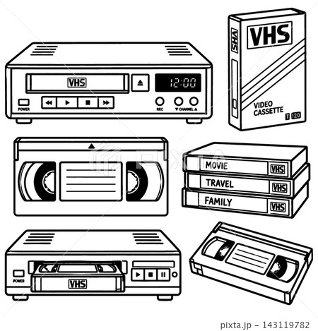 Retro media player and cassette coloring book line art collections bringing nostalgic joy with classic vintage video home system recorders isolated on white background 143119782
