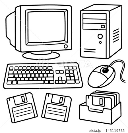Retro personal computer line art coloring book collections featuring nostalgic hardware doodle system elements designed with clean outline layout on white background 143119783