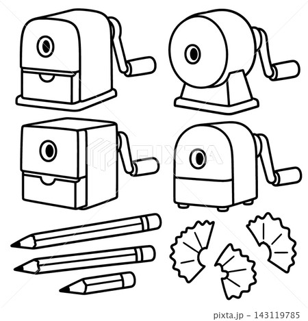 Mechanical pencil sharpener coloring book line art collections featuring retro rotary desktop sharpeners with shavings and pencils designed to bring nostalgic joy to young artists 143119785