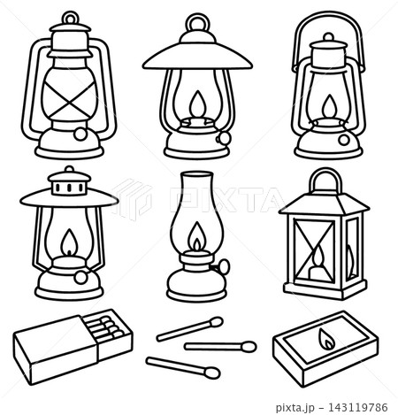 Coloring book line art collections showcasing vintage lantern set beside classic matchbox and matchstick designs to evoke cozy nostalgic feeling for peaceful creative therapy Coloring book line art collections showcasing vintage lantern set beside classic matchbox and matchstick designs to evoke cozy nostalgic feeling for peaceful creative therapy 143119786