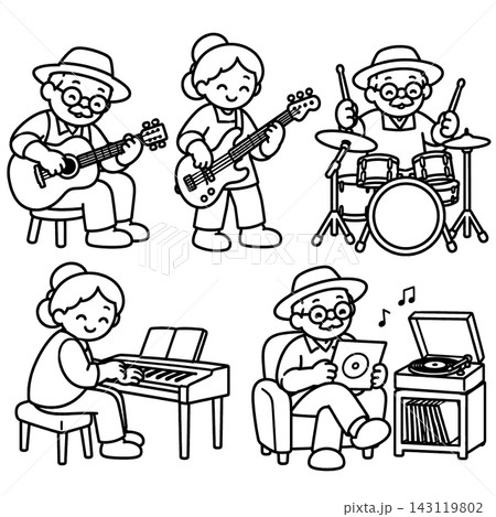 Happy elderly musician character set in coloring book line art collections featuring joyful senior people playing guitar bass drum piano and listening to retro record player with happy emotion Happy elderly musician character set in coloring book line art collections featuring joyful senior people playing guitar bass drum piano and listening to retro record player with happy emotion 143119802