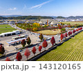 紅葉に彩られたハーモニーホールふくいと福井の秋景色をドローン空撮 143120165