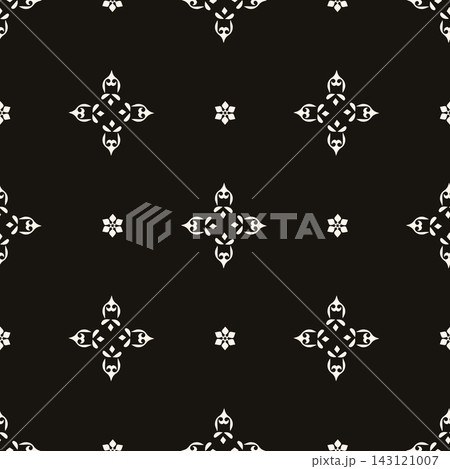 Repeating ivory floral ornamental motifs create balanced geometric clusters on deep black, delivering elegant contrast and refined decorative style for textile, wallpaper, packaging, and wrapping. Repeating ivory floral ornamental motifs create balanced geometric clusters on deep black, delivering elegant contrast and refined decorative style for textile, wallpaper, packaging, and wrapping. 143121007