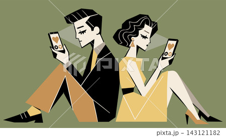 Online blind date vector illustration. Stylized cartoon man and woman sitting back to back focused on smartphones with dating app. Modern relationships, digital connection and loneliness concept Online blind date vector illustration. Stylized cartoon man and woman sitting back to back focused on smartphones with dating app. Modern relationships, digital connection and loneliness concept 143121182