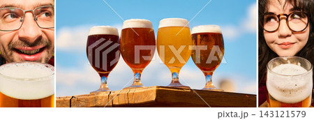 Beer lovers frame outdoor tasting flight with oversized foamy glasses Beer lovers frame outdoor tasting flight with oversized foamy glasses 143121579