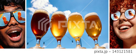 People anticipate beer tasting beside four craft ales under blue sky collage. People anticipate beer tasting beside four craft ales under blue sky collage. 143121581