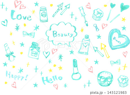手描きの可愛いコスメの水彩イラストセット 手描きの可愛いコスメの水彩イラストセット 143121983