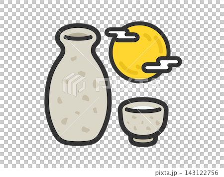 An illustration of a moon-viewing sake icon (line art, color). An illustration of a moon-viewing sake icon (line art, color). 143122756