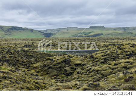 Moss covered Eldhraun lava field with road and green hills under cloudy sky 143123141