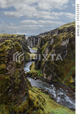 Fjadrargljufur canyon and Fjadra River among mossy cliffs in South Iceland 143123145