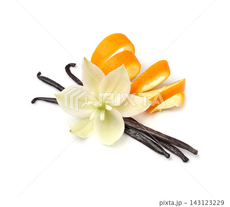 Vanilla stick with oranges zent on white backgrounds Vanilla stick with oranges zent on white backgrounds 143123229