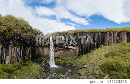 Svartifoss waterfall and basalt columns at Skaftafell, Iceland, aerial view Svartifoss waterfall and basalt columns at Skaftafell, Iceland, aerial view 143123308