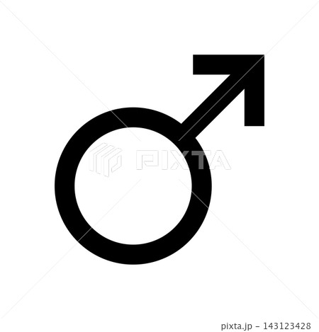 Male gender sign. Symbol of Mars - Roman god of war. Simple flat black vector icon. Male gender sign. Symbol of Mars - Roman god of war. Simple flat black vector icon. 143123428