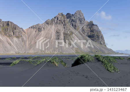 Grass Covered Black Sand Mounds Below Vestrahorn at Stokksnes on the Iceland Coast Grass Covered Black Sand Mounds Below Vestrahorn at Stokksnes on the Iceland Coast 143123467