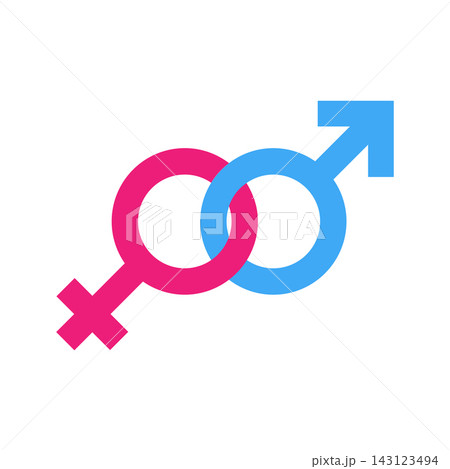 Heterosexual pair sign - connected male and female gender signs. Simple flat blue and pink vector icon. Heterosexual pair sign - connected male and female gender signs. Simple flat blue and pink vector icon. 143123494