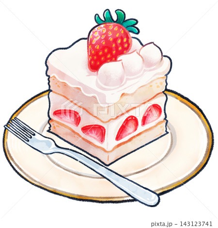 皿に乗った四角いイチゴケーキの手描きイラスト 皿に乗った四角いイチゴケーキの手描きイラスト 143123741