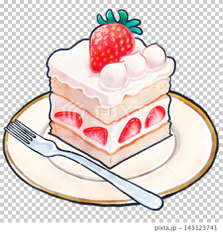 皿に乗った四角いイチゴケーキの手描きイラスト 皿に乗った四角いイチゴケーキの手描きイラスト 143123741