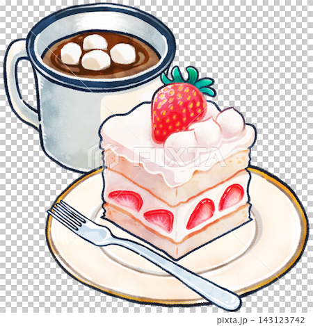 Hand-drawn illustration of strawberry cake and hot drink 143123742