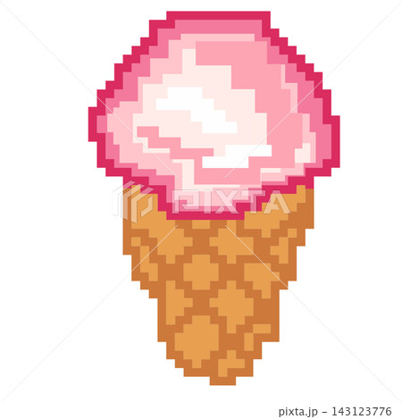 Pixel art pink strawberry ice cream cone sweet dessert retro game element sticker print visual graphic clipart artwork design icon element illustration 143123776