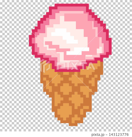 Pixel art pink strawberry ice cream cone sweet dessert retro game element sticker print visual graphic clipart artwork design icon element illustration 143123776