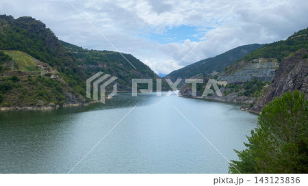 Coruh River narrows between slopes, wide frontal view across a mountain waterway in Turkey, illustrating surface water storage 143123836