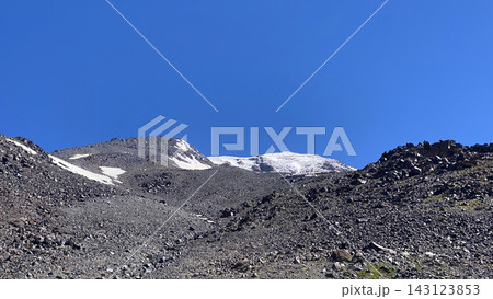 Snow covers Ararat summit, low angle view across barren volcanic slopes in eastern Turkey, documenting seasonal snowpack 143123853
