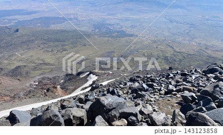 Ararat camps support expeditions, high angle view over high and base camps positioned across rocky volcanic slopes in eastern Turkey Ararat camps support expeditions, high angle view over high and base camps positioned across rocky volcanic slopes in eastern Turkey 143123858