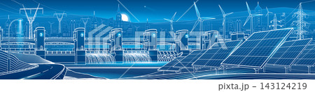Futuristic renewable energy infrastructure panorama with hydroelectric dam, solar panels, wind turbines, power lines and modern city skyline. Clean energy and sustainable electricity generation Futuristic renewable energy infrastructure panorama with hydroelectric dam, solar panels, wind turbines, power lines and modern city skyline. Clean energy and sustainable electricity generation 143124219