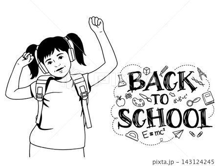 Happy child with backpack and headphones celebrating back to school Happy child with backpack and headphones celebrating back to school 143124245