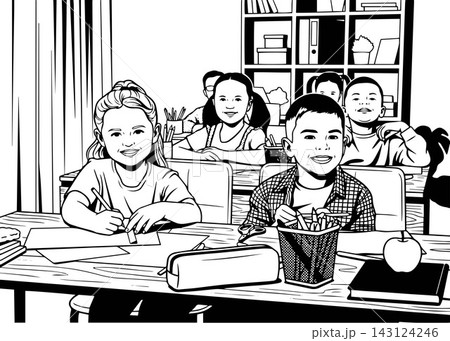 Happy children at wooden desks during art lesson in elementary school 143124246