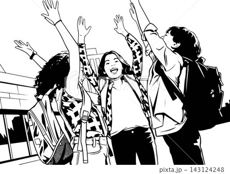 Happy children multiethnic elementary middle school kids pupils classmates friends boys and girls with hands up standing near school outdoors 143124248