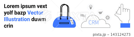 E-commerce, cloud storage, CRM, shopping, business technology, marketing strategy. A blue shopping bag, cloud with CRM text and pointing hand. E-commerce and cloud storage concepts 143124273