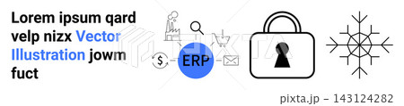 Digital transformation, data security, ERP software, supply chain, business efficiency, analytics. ERP system with icons thumbs up lock, network connection and industry tools. Data security and ERP 143124282